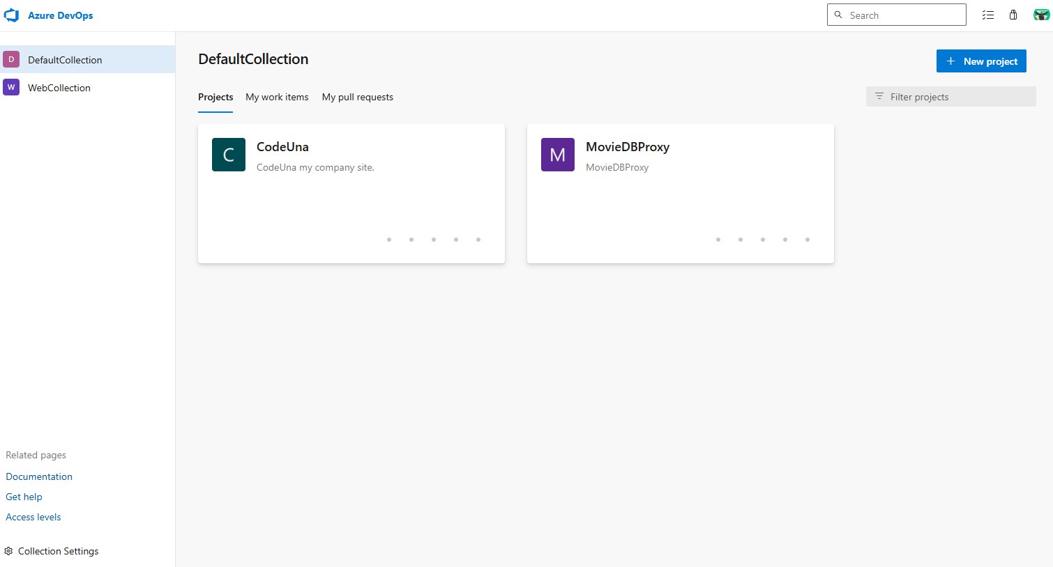 Azure DevOps project list showing CodeUna and MovieDBProxy